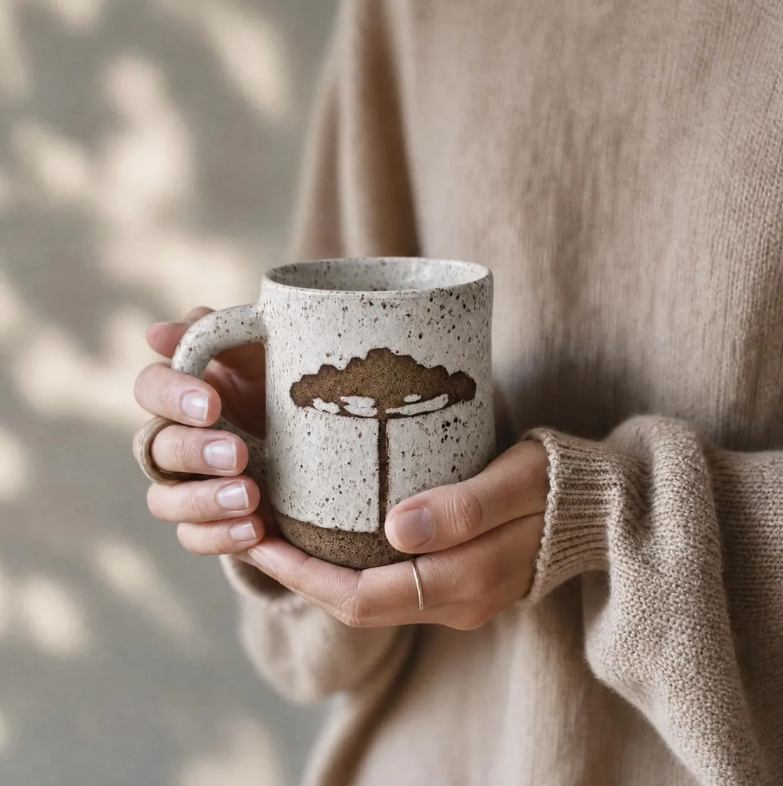 Mãos segurando a Caneca Araucária, com manga de tricô.