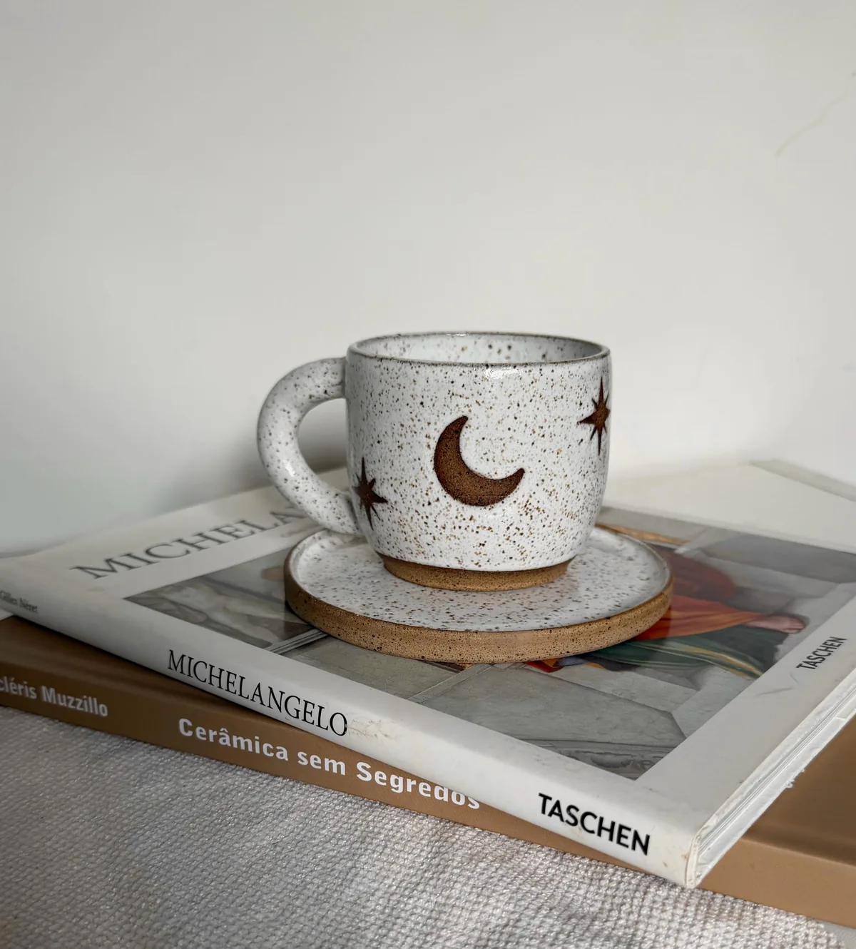 Caneca Lua apoiada sobre livros de cerâmica.